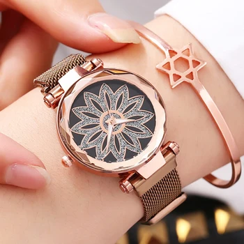 2020 Moda Çiçekler İzle Kadınlar Mıknatıs Saatler Lüks Gül Altın örme kayış Kuvars Kol Saati Reloj Mujer Relogio Feminino