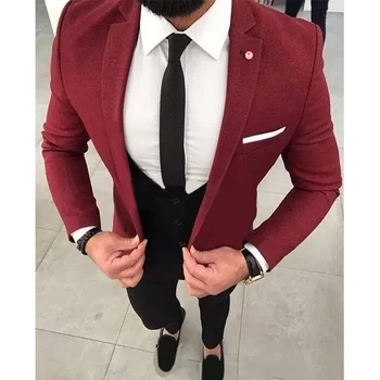 2021 Hot Sale Red Jacket Vest With Black Pants Groom Tuxedos Business Suit Party Suit costume homme mariage Одежда для жениха
