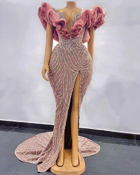 2022 Arapça Aso Ebi Lüks Abiye Uzun Yarık Sparkly Mermaid Balo Abiye Kadınlar İçin Parti Sheer Boyun Artı Boyutu EV80