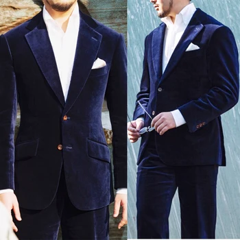2022 Klasik Koyu Mavi Erkek Takım Elbise İki Adet Ceket Ve Pantolon İş Tasarımcısı Düğün Resmi Smokin
