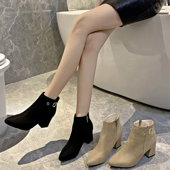 2022 Yeni Retro Peluş Sıcak Sonbahar Kış kadın Çizme Vintage Blok Topuk yarım çizmeler Fermuar Yüksek Topuklu Kadın Ayakkabı Büyük Boy 43