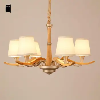 3/6/8 Arms meşe ahşap kumaş gölge avize ışık zinciri fikstür iskandinav tarzı Art Deco parlaklık lamba tasarım oturma odası yatak odası