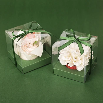 50 Takım Orman Yeşil Şeffaf PVC Cupcake Kutuları Tutun ve Kurdele ile Düğün Parti İyilik için (Klasik Serisi)