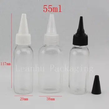 55 ml X 50 boş oval şekil Plastik E sıvı şişe , şeffaf PET gıda konteyner ile büküm üst kapaklar sivri ağız kap kapak