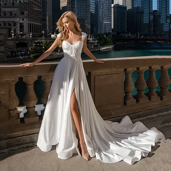A-Line Sevgiliye Yarık düğün elbisesi Kap Kollu Kolsuz Sweep Tren gelin kıyafeti Vestido De Novia Custom Made Hochzeitskleid