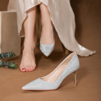 Ana Tarzı Cam Terlik Günlük Giyim Gümüş Payet Üst Stiletto Yüksek Topuk Gelin Elbise Pompaları Tek Ayakkabı 2022 Yeni Düğün Ayakkabı 