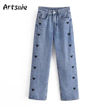 Artsnie Streetwear Kalp Nakış Kot Kadın Yaz 2021 Yüksek Bel Vintage Mavi günlük kot pantolon Bayanlar günlük kot Femme