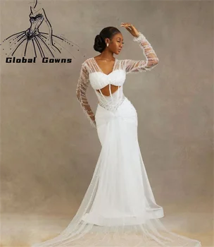 Aso Ebi Afrika Beyaz Sevgiliye düğün elbisesi Boncuklu İnciler gelin kıyafeti Mermaid Abiye Robe De Bal