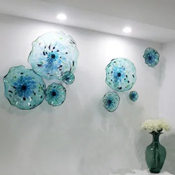 Avrupa Tarzı Murano Çiçek Cam Tabaklar Duvar Sanatları Mavi Renk Lüks 100 % El Üflemeli Cam Asılı Plakalar Tarak Kenarları Şekli