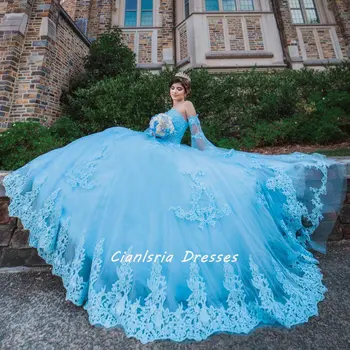 Açık Mavi Aplikler Dantel Katmanlı Quinceanera Elbise Balo Sevgiliye Uzun Parlama Kollu Mezuniyet 7th Vestido De XV Anos