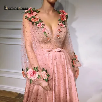 Bbonlinedress Zarif Kollu Akşam Elbise 2020 Moda Çiçek Aplikler İnci Uzun Örgün Parti balo kıyafetleri robe de soiree