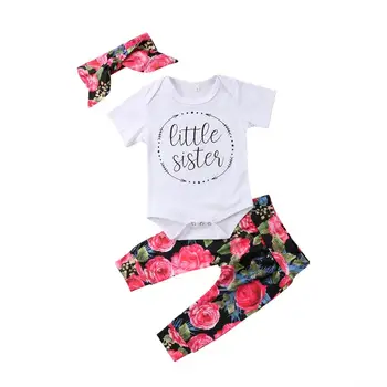 Bebek Bebek Kız giyim setleri 2020 Yaz Küçük Kardeş Romper + Gül Pantolon + Kafa Bandı 3 Adet Yenidoğan Bebek Kız Giysileri Kıyafet