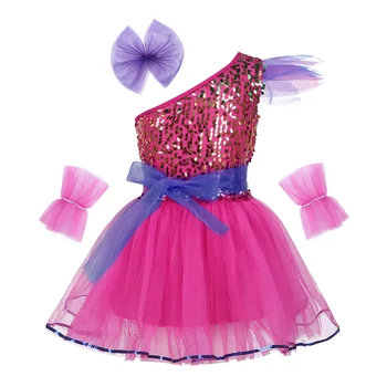Bir Çocuk-Omuz Parlak Payetler Örgü Tutu Bale Elbisesi Giyim Kızlar Caz Sahne Performansı Çağdaş Lirik Dans Kostümü