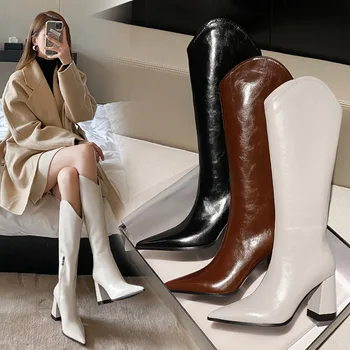 Blok Yüksek Topuklu Uzun Çizmeler Yeni Moda Diz Yüksek Çizmeler Yumuşak Deri Uyluk Yüksek Çizmeler Ayakkabı Kare Topuk Yüksek Topuk Botas De Mujer