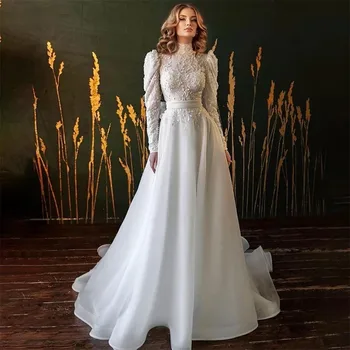 Bohemia Dantel Aplikler düğün elbisesi Balo Yüksek Boyun Uzun Kollu A-Line Örgün gelin kıyafeti Kadın Robe Vestido De Novia