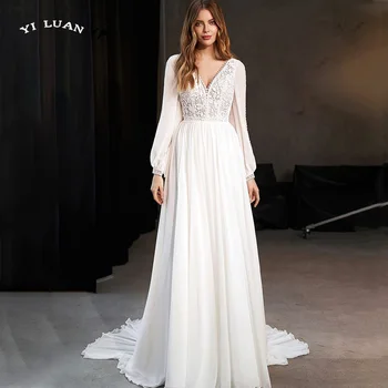 Boho Bir Çizgi düğün elbisesi V Boyun Dantel Aplikler Boncuklu Kollu Şifon gelin kıyafeti Illusion Geri Sivil Vestidos De Novia