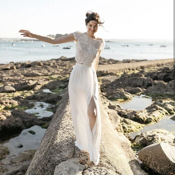 Boho Tekne Boyun Şifon düğün elbisesi Dantel Aplike Cap Sleeve Bölünmüş Plaj Gelin Kıyafeti A-Line Kat Uzunluk Sivil Vestidos De Novia