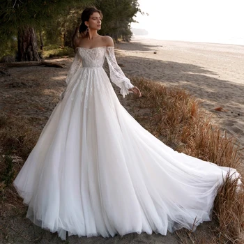Büyüleyici Kapalı Omuz düğün elbisesi Kadınlar için 2022 Zarif Straplez Dantel Aplikler Tül A-Line Gelinlikler Gelinler için