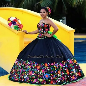 Cara ve Alan Charro vestidos de 15 años Nakış Quinceanera Elbiseler Yay Tatlı 16 vestido debutante Meksika Kızlar XV Balo Abiye
