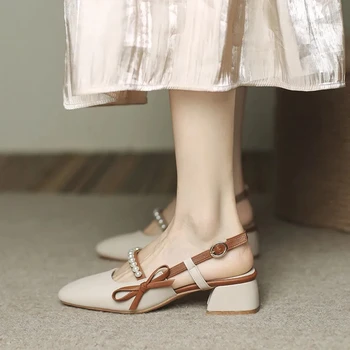 Deri tek ayakkabı 2022 Yeni Yaz Yay İnci Kare Kafa Yüksek Topuklu Sandalet kadın Moda Basit tek ayakkabı