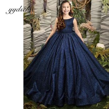 Derin Mavi Glitter Sequins Çiçek Kız Elbise Çocuk Doğum Günü Kolsuz A-line Kat Uzunluk Zarif Yay Prenses Tül Gelinlik