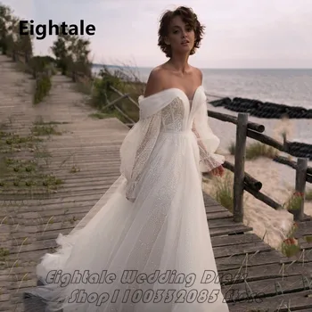 Eightale Bir Çizgi Plaj Boho düğün elbisesi Kapalı Omuz Kabarık Kollu Kat Uzunluk Parlayan gelin kıyafeti Robe de mariée 2022