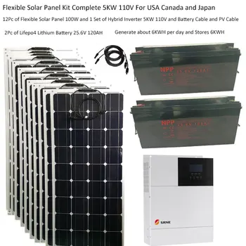Esnek Güneş Sistemi Ev İçin Komple Kiti 5KW 5000W 220v 110V Lityum Lifepo4 Pil UPS Hibrid İnvertör Kapalı Izgara Sistemi 4HP
