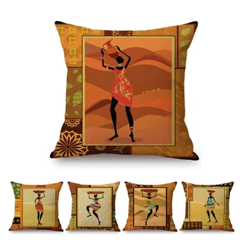 Ev Dekorasyon Egzotik Afrika Tema Tasarım Desen Soyut Afrika Dans Eden Kız Kanepe atmak yastık Kılıfı Keten kaplamalı yastık Kapak
