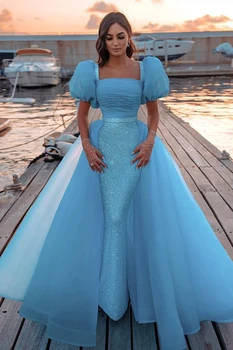 Glamorous Sky Blue Sequins Mermaid balo kıyafetleri Ayrılabilir Tül Etek Seksi Aç Geri Cap Kısa Kollu Abiye giyim Arapça
