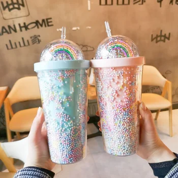 Gökkuşağı Plastik Saman Fincan Moda Büyük Kapasiteli Güzel kadın Çift Katmanlı Sen Serisi Renk Boncuk Chang içecek fincanı