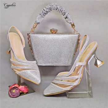 Gümüş Ayakkabı Ve el çantası seti Kadın İtalyan Tasarım Pompaları Çanta Bayanlar Moda Yüksek Topuklu Sandalet İle Maç Çanta MD2824