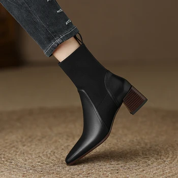 Hakiki deri elastik bant sonbahar kış Slip On ayak bileği çorap çizmeler kare yüksek Topuk kadın Ayakkabı boyutu 34-42