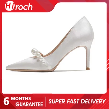 HiRoch 2022 Beyaz İnci Stiletto Yüksek Topuklu kadın Yaz Sivri Burun Sığ Ağız Seti Ayak Saten tek ayakkabı Düğün