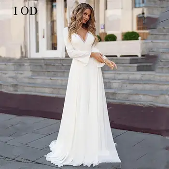 I OD Zarif Uzun Rumpet Kollu düğün elbisesi 2022 Kadınlar İçin Bir Çizgi V Boyun Geri Dantel Aplikler Yay Kemer Şifon Robe De Mariee
