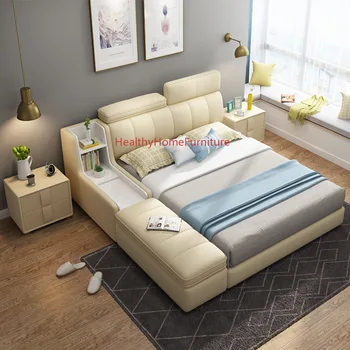 Iskandinav Kumaş Yatak W / Yatak Başucu Masa yatak odası mobilyası 1.5 m 1.8 m Çıkarılabilir Yıkanabilir Çift Kişilik Yatak Tatami Yumuşak Yatak Ahşap Çerçeve