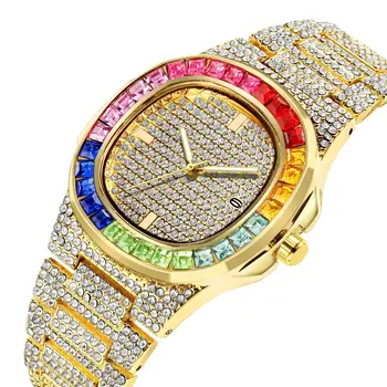 Izle Erkekler için Lüks Hiphop Buzlu Out Saatler Renkli Altın siyah saat Erkekler Kadınlar Rhinestone Kuvars Saatler Relogio Masculino