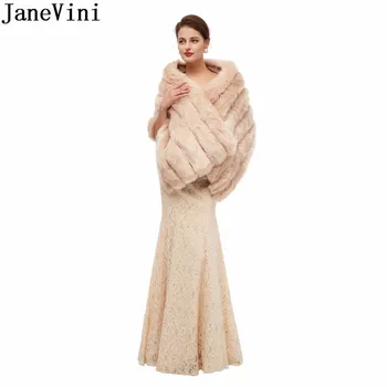JaneVini 2020 Yeni Stil Gelin Sahte Kürk Sarar Kış düğün elbisesi Şal Pelerin Şampanya Kadın Faux Kürk Düğün Bolero Omuz Silkme