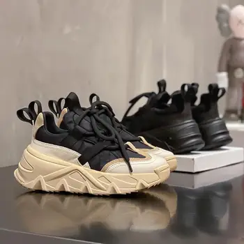 Kadın Dantel-Up Sneakers Siyah Tıknaz Platformu Rahat Örgü Nefes Kalın Alt Bayan Ayakkabıları Rahat vulkanize ayakkabı