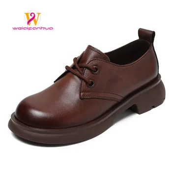 Kadın Loafer'lar Üst Katman İnek Derisi 2023 Yeni Kalın Topuklu okul ayakkabısı kadın Dantel-up İngiliz Tarzı kadın Oxford Ayakkabı Ayakkabı