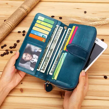 Kadınlar Gerçek deri cüzdan Kadın Uzun Hakiki Deri Debriyaj Çanta Bayan Kullanışlı Cep Telefonu Çantası bozuk para cüzdanı Kadın kart tutucu Çanta