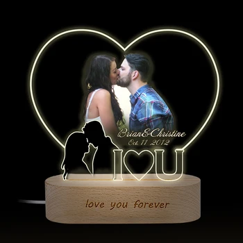 Kişiselleştirilmiş kalp fotoğraf lamba romantik resim çerçevesi ışık akrilik LED gece lambası metin ahşap taban sevgilisi sevgililer hediye