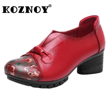 Koznoy 5cm2022 Retro Hakiki Deri Etnik Bahar Sonbahar Baskı Kelebek Düğüm Tıknaz Topuk Kaymaz Güzel Kadın bağcıksız ayakkabı