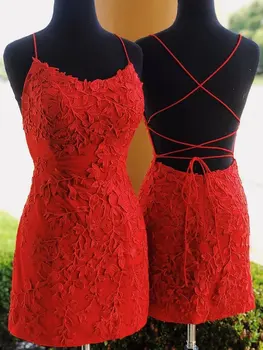 Kısa Kırmızı Dantel Kokteyl Elbiseleri Seksi Backless Gömme İnce Şekil Mini Homecoming Elbise Vestidos De Festa Balo Abiye