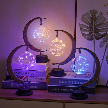 LED ay ayak voleybolu lamba hattı Rattan el yapımı kenevir halat ferforje gece lambası ev dekorasyon uyku fener ışık