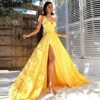 Lorıe 2021 Basit Sarı Derin V boyun Balo Parti Elbiseler Halter Kanat Plise Örgün Akşam Elbise Uzun Elbise Vestidos De Noite