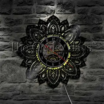  Lotus Mandala Meditasyon Yoga Vinil Kayıt duvar saati LED aydınlatma İle Duvar Sanatı Geometrik Tasarım Dekoratif Aydınlatma