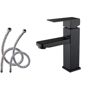 Mat Siyah Tek Kulplu Banyo lavabo musluğu, Banyo Lavabosu için paslanmaz Çelik Musluk, Su Besleme Hortumları ile