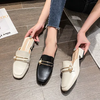 Moda Muller Ayakkabı Kadın 2021 İlkbahar ve Yaz Yeni Baotou sandaletler ve terlikler Kadın İnci Tembel Ayakkabı Kare Topuk Terlik