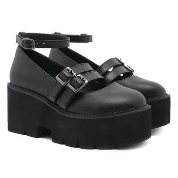 Moda Retro sadelik siyah ayakkabı Pompaları Platformu Takozlar Yüksek Topuklu kadın Pompaları Tatlı Hakiki deri ayakkabı Kadın Büyük boy