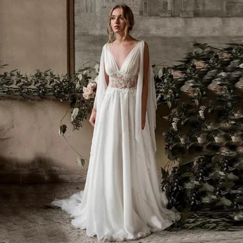 Modern El Sanatları düğün elbisesi Kolsuz Şifon A-line gelin elbiseleri Dantel Aplikler Scoop Boyun Gelin Kıyafeti Robe De Mariée